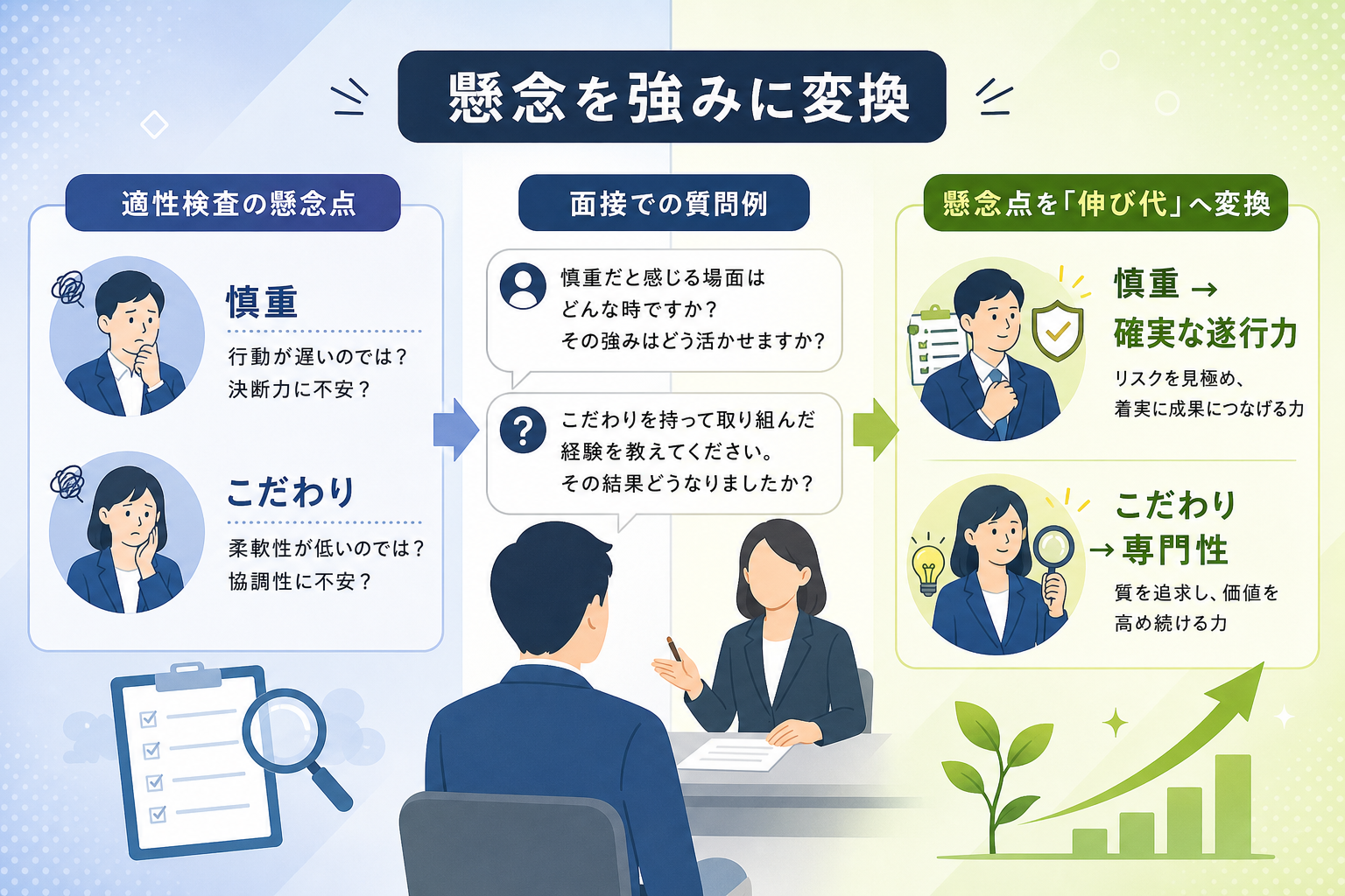 営業職採用で適性検査の懸念点を「伸び代」へ変換する質問例は?