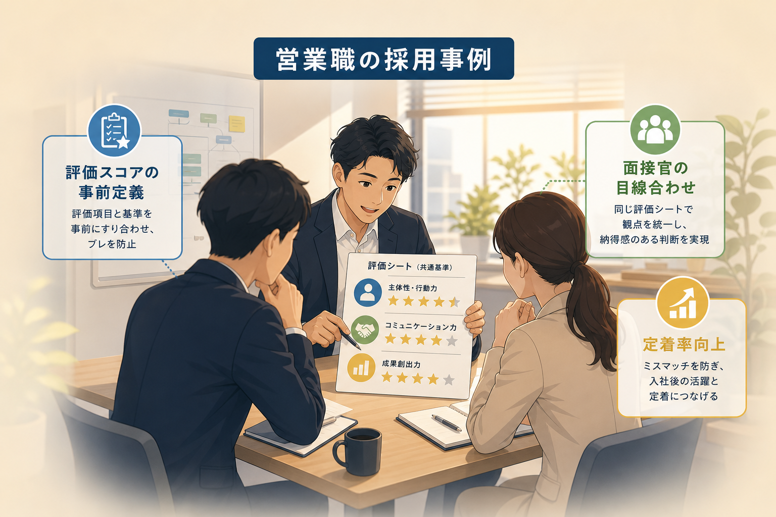 営業職の採用現場で、複数面接官の観点を統一しミスマッチを防ぐ具体的な進め方とは?